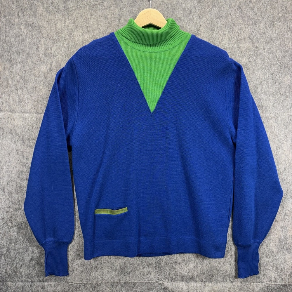True Vintage Turtle Neck Sweater Virgin Wool USA 80s Blue Green Contrast Knit